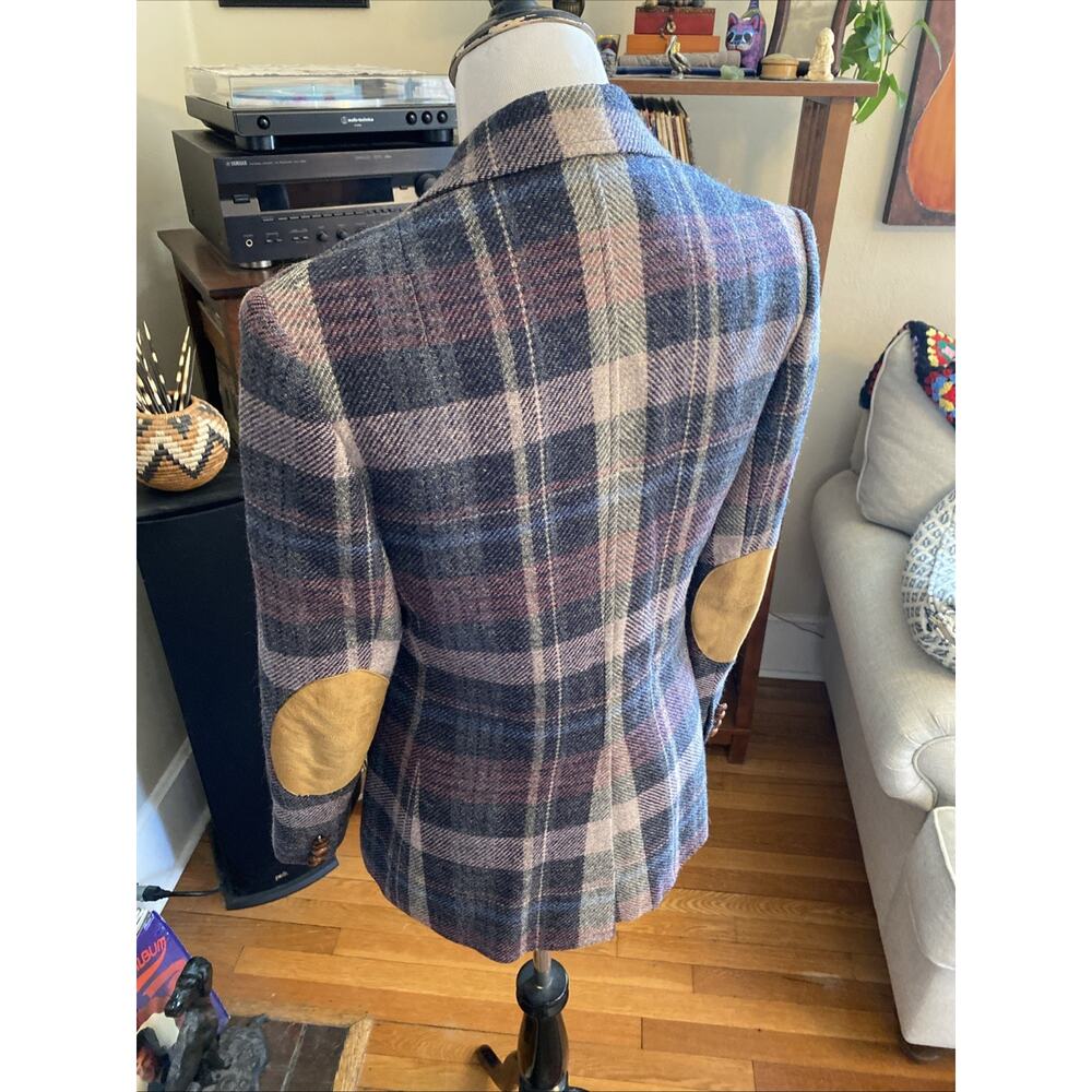 Vintage S/M Evan Picone Wool Blend Plaid Blazer Womens Coat Jacket Elbow Patches - Picture 6 of 16